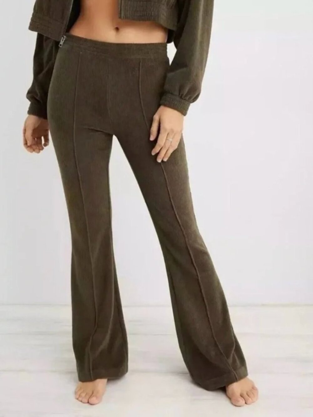 Aerie Velvet Flare Pants in Olive Green